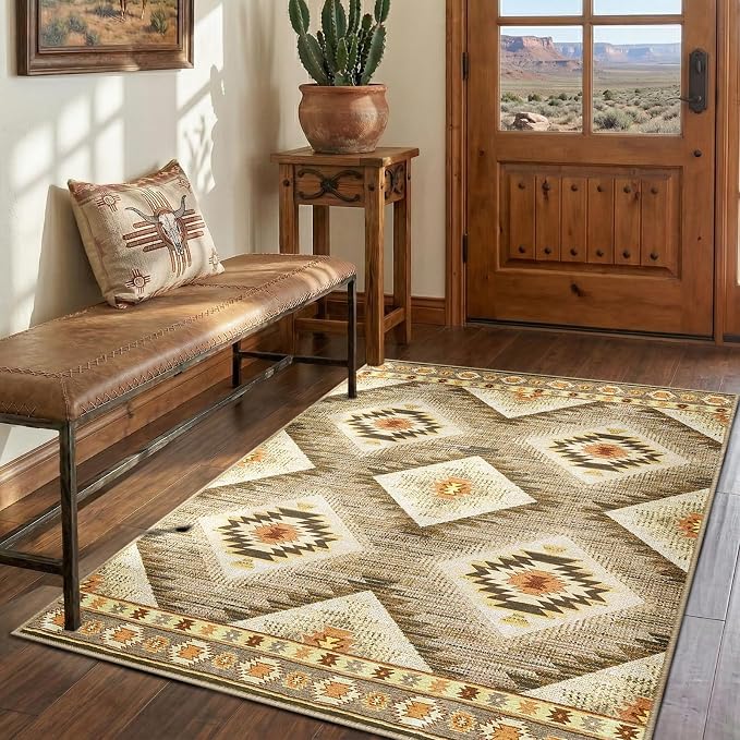 Area Rug 5x7 Rug Machine Washable Non-Slip Low Pile Print Pattern Western Rug