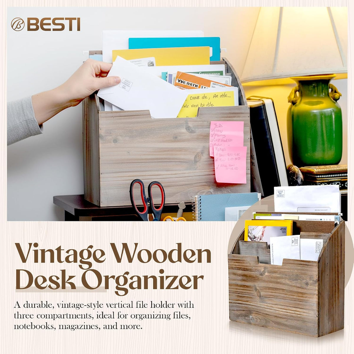 Besti Wooden Desk Organizers for Office & Home Use – 12.8 x 5 x 12 Inch Vintage File Stand – Vertical Desktop File Folder Organizer – Durable File Shelf – Ideal for Files, Folders, Envelopes, Mail