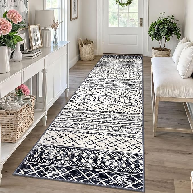 KUTA Moroccan Washable Runner Rug, 2.6x10 Non-Slip Vintage Black Navy Blue Boho