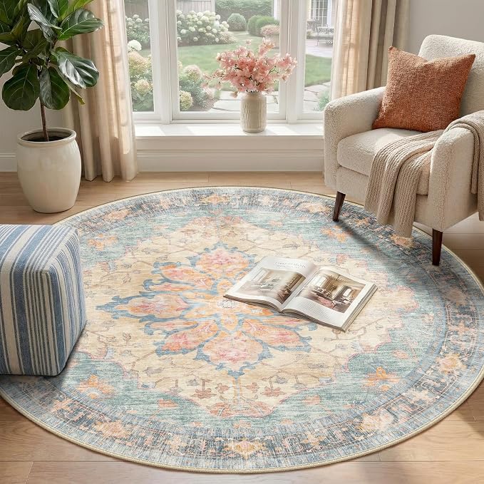 RELEANY Area Rugs Round 4ft Washable Non-Slip, Floral Vintage Distress