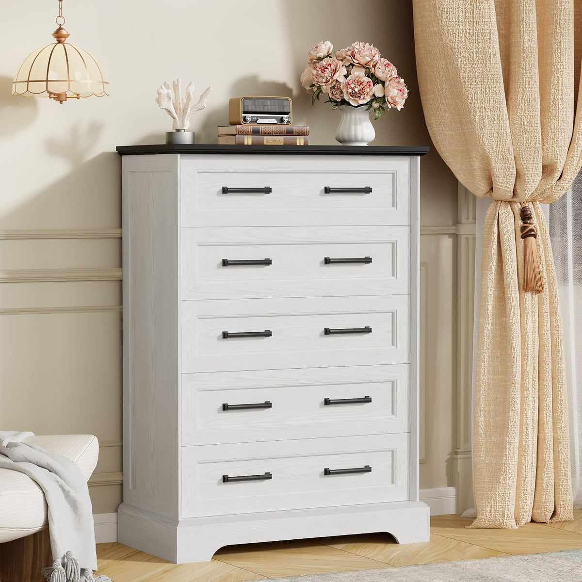 Furmax Farmhouse Dresser for Bedroom, 5 Drawers Dresser, White & Black