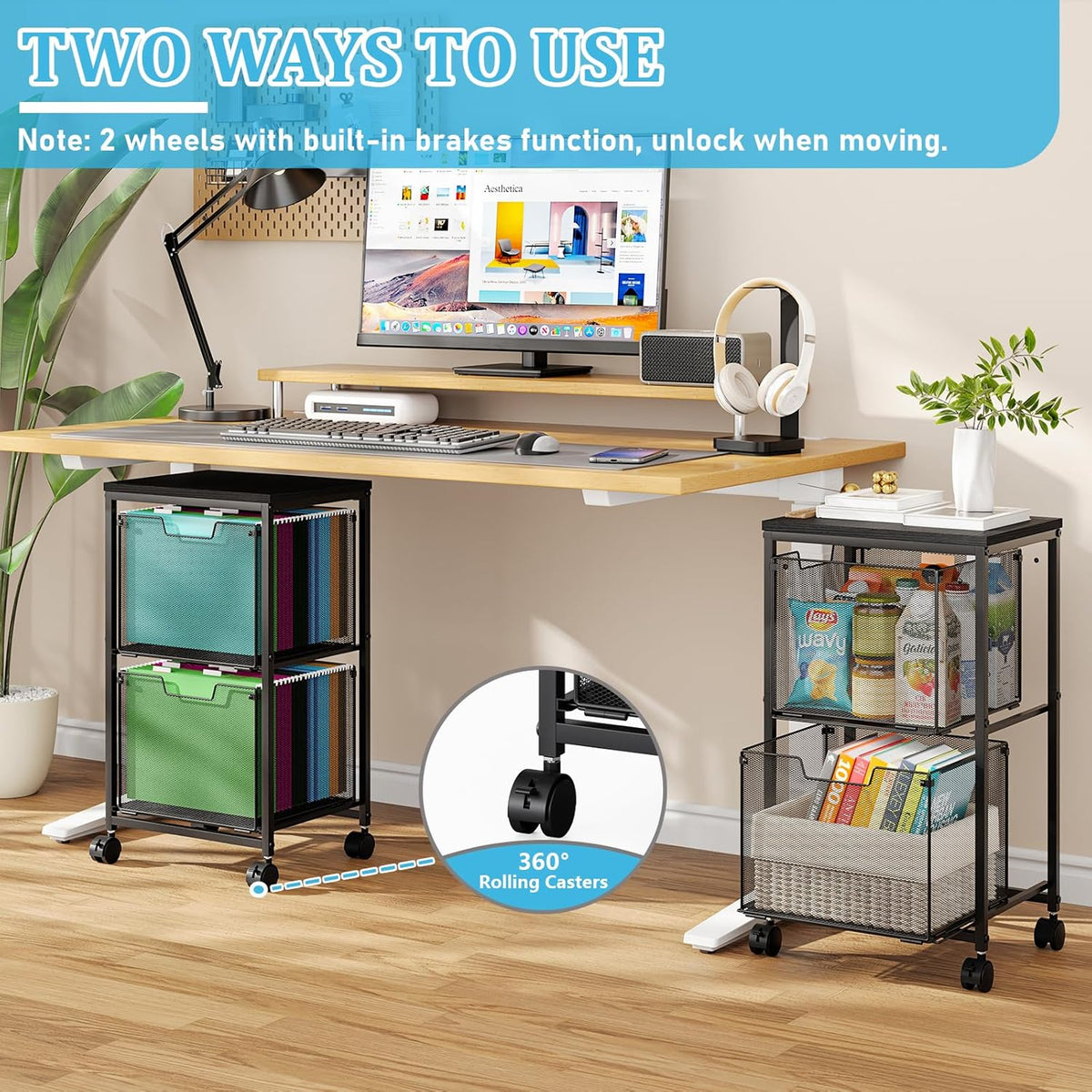 Sbanmao Rolling File Cart with 2 Storage Drawers, Mobile File Cabinet with Wheels, Hanging File Folder Organizer, Under Desk Storage, Printer Stand Utility Cart Filing Cabinet for Home Office,Black