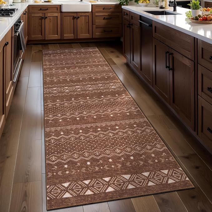 SERISSA 2x6 Kitchen Runner Rug, Washable Non-Slip Coffee Brown Boho Rug