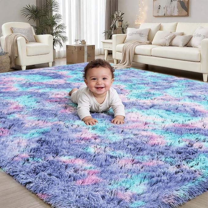 Rainbow Fluffy Rugs for Girls Bedroom: 6x9 Large Shag High Pile Area Rug