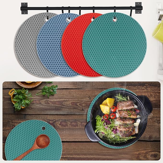 4 Pack Silicone Trivets for Hot Dishes, Dark Green Silicone Hot Pads Trivet for