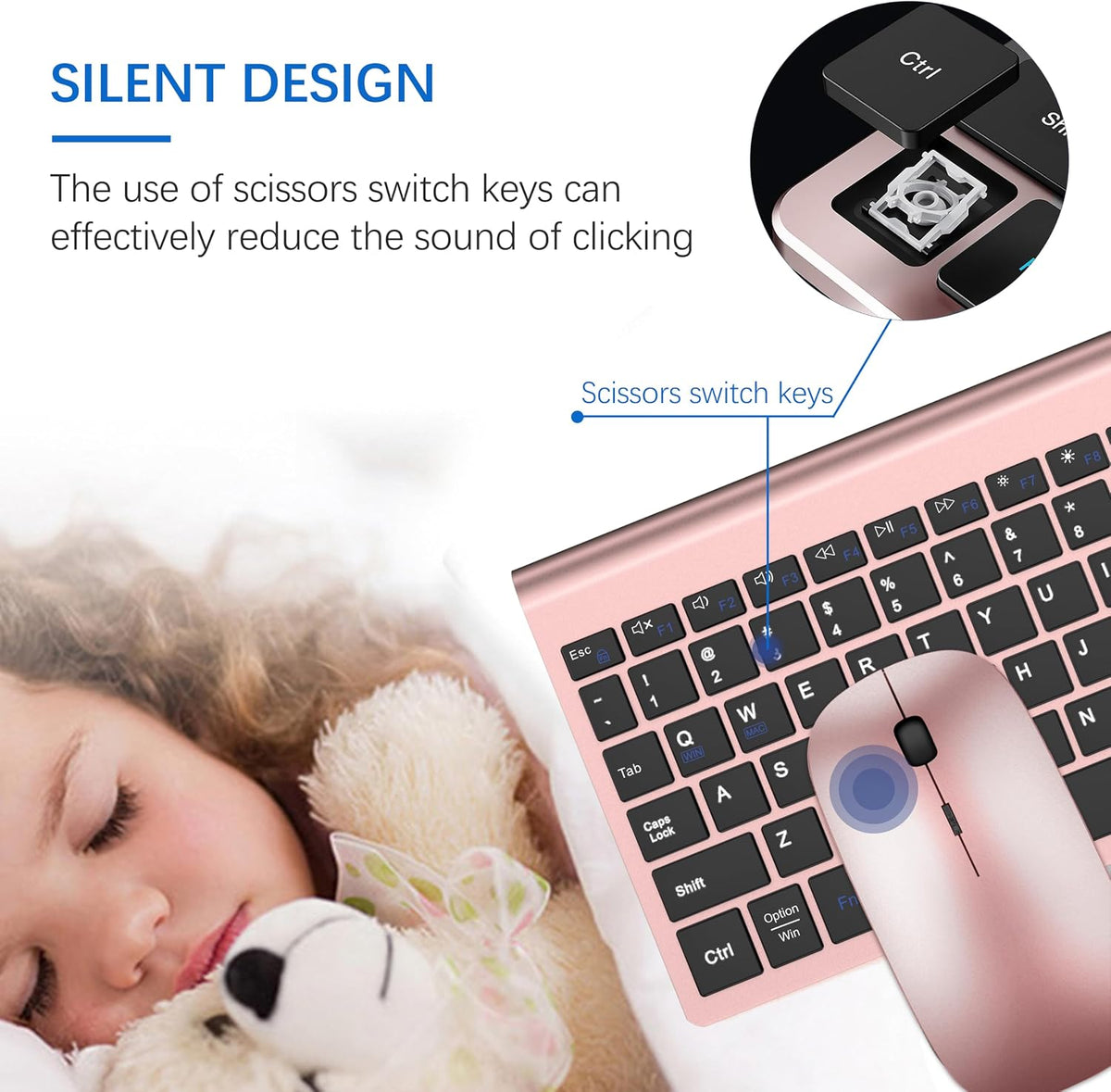 Wireless Keyboard and Mouse Ultra Slim Combo, Dual System - Rose Gold Black