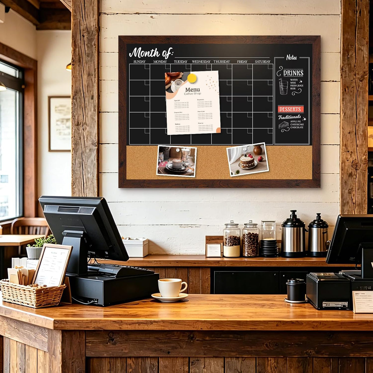 4 THOUGHT Chalkboard Calendar Corkboard Combo 36" x 24", Rustic Brown