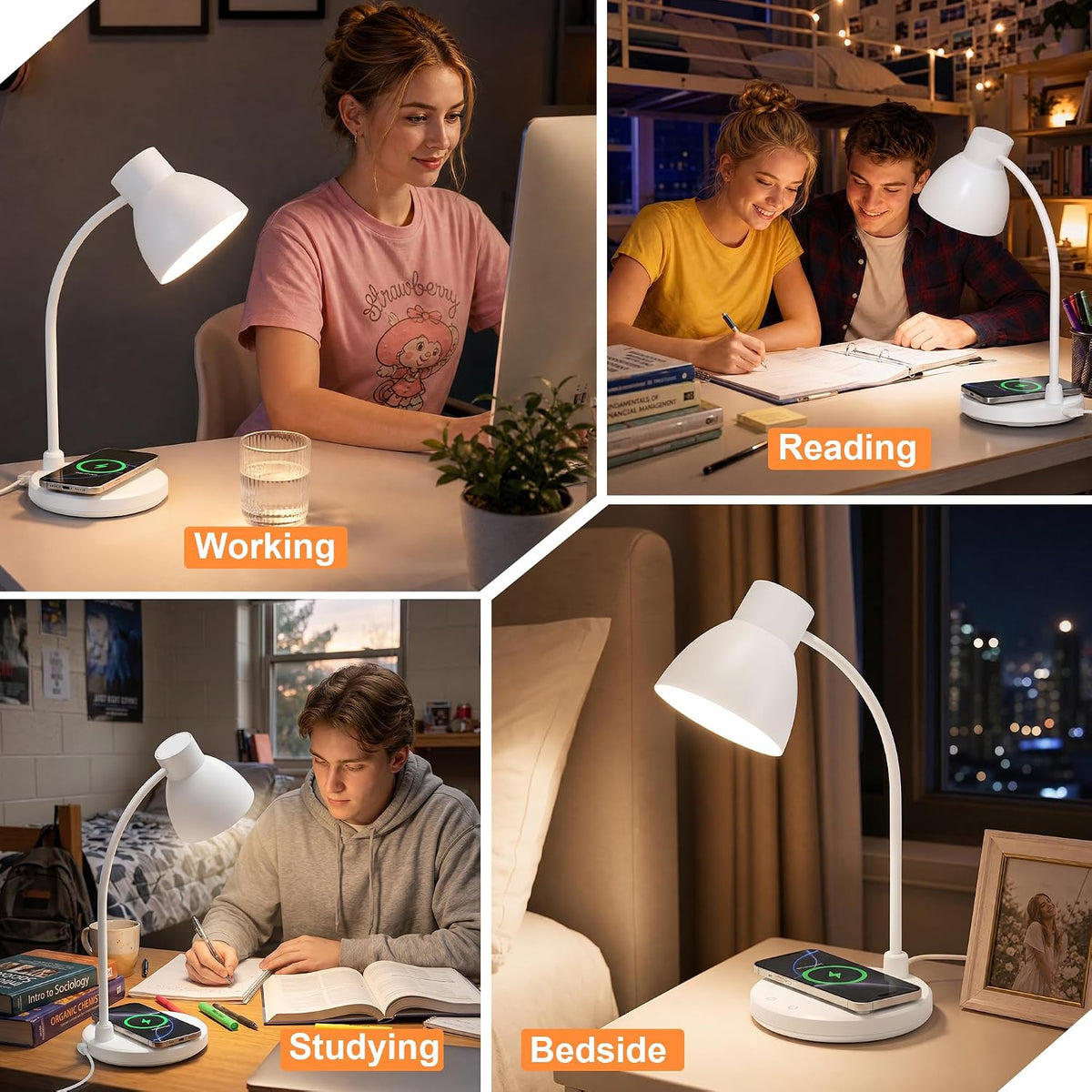 LED Desk Lamp for Home Office with Wireless Charger, White