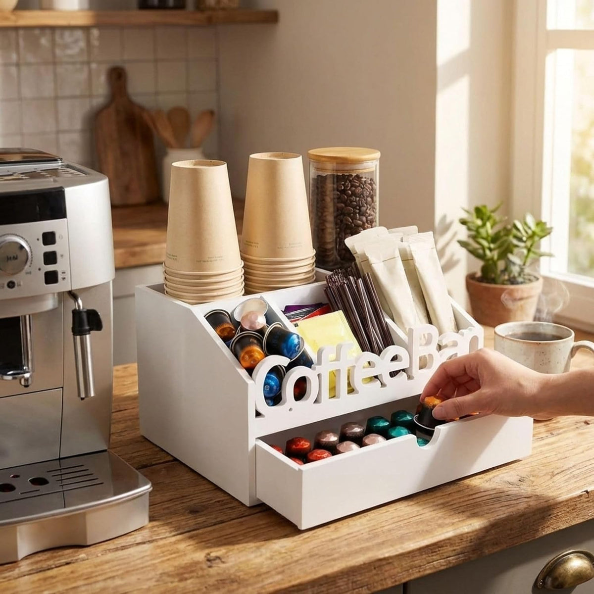 Coffee Bar Organizer Countertop,Wood Coffee Station with Drawer,Home&Office