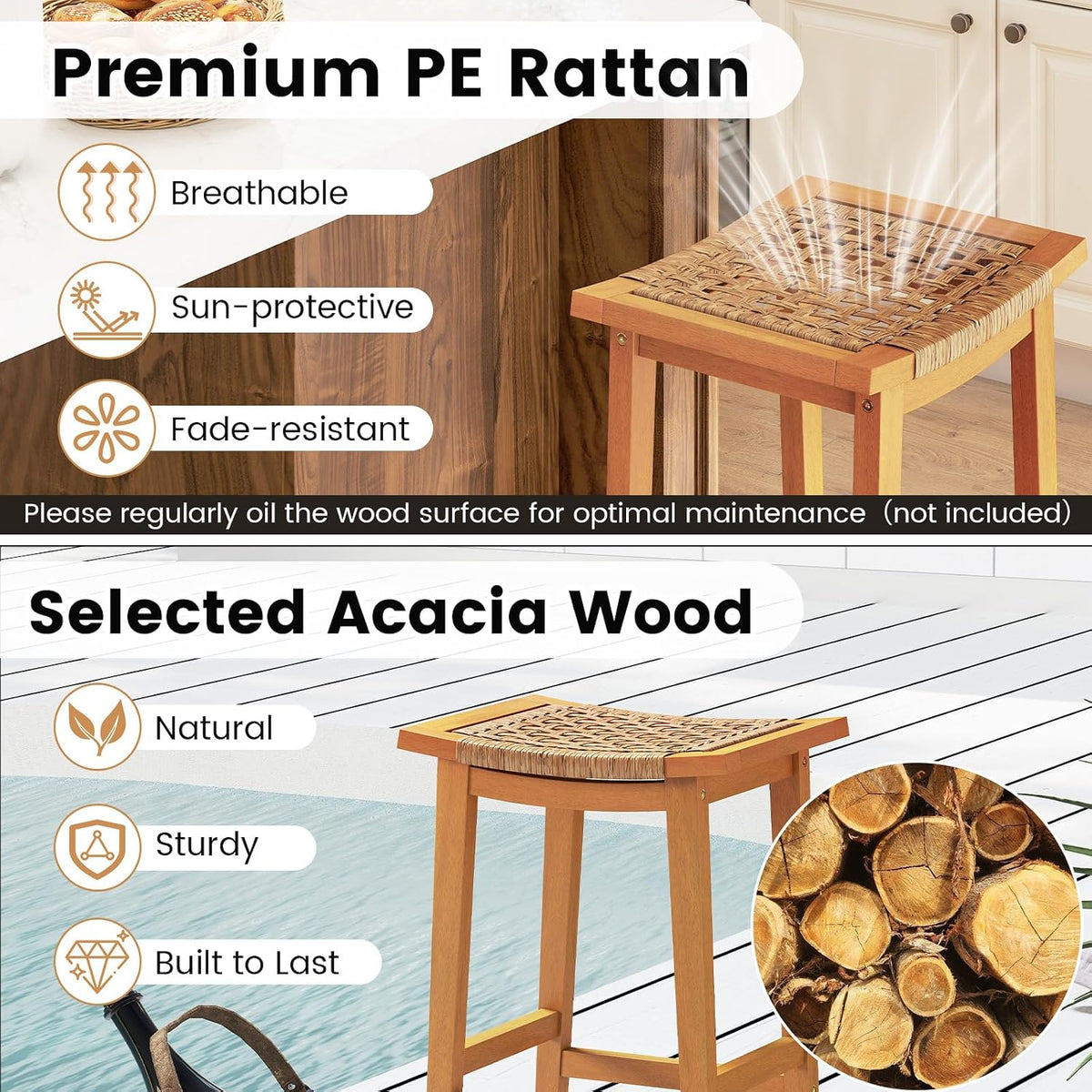 Giantex Outdoor Wooden Bar Stools Set of 4, 29" Backless Patio Barstools with PE Rattan Saddle Seat & Footrest, Solid Acacia Wood Bar Height Stools for Porch, Garden, Backyard, Poolside, Armless