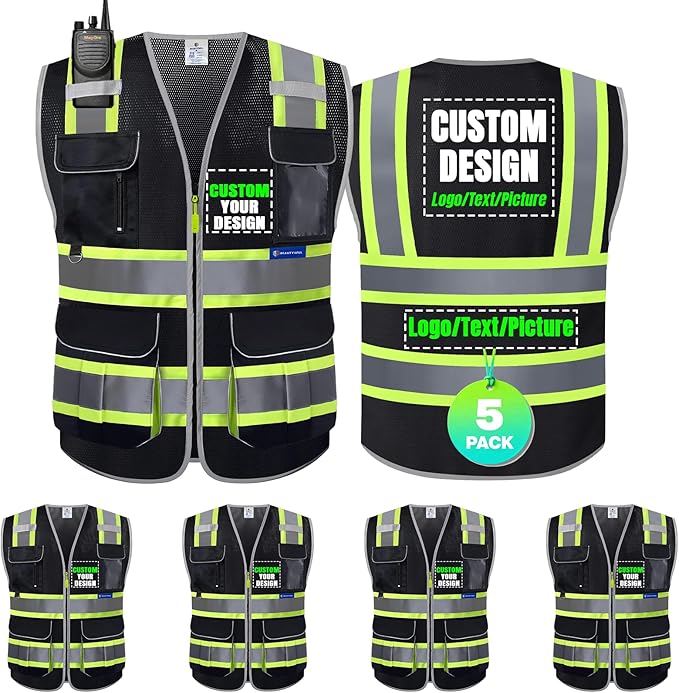 BeautyWill 5 Pack Safety Vest Class2 ANSI Certified Custom Logo High Visibility Reflective Vest for Men -10 Pockets Personalized Logo Heavy-Duty Work Vest（Mesh Black，XL）