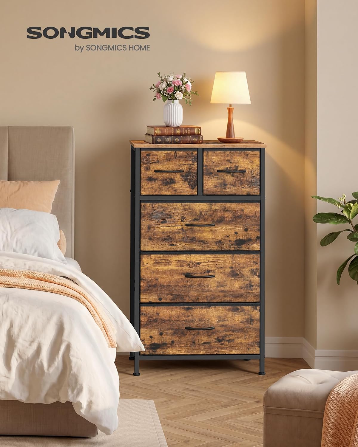 SONGMICS Tall Dresser for Bedroom, 5 Fabric Drawers with Steel Frame
