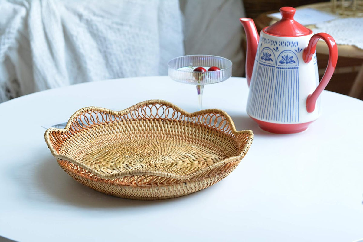 Rattan Fruit Basket for Serving Woven Bread Tray for Cake Kitchen Counter Table Natural (11.8inch D x 3.5inch H) (Pack of 2)