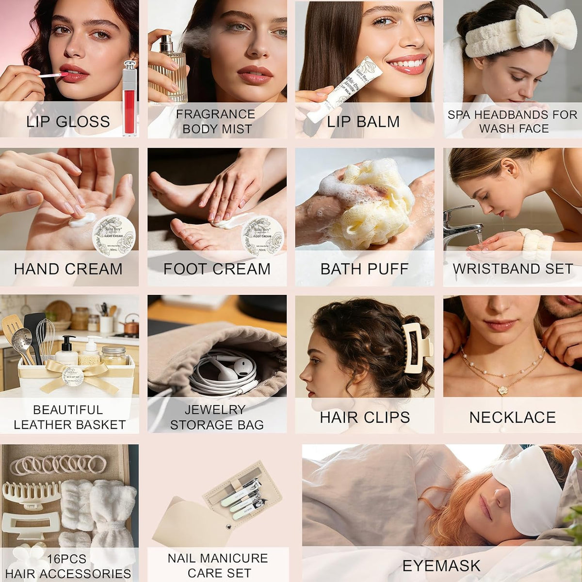 37Pcs Rose Jasmine Bath and Body Gift Basket, Facial Skin Care Set, Spa Kit