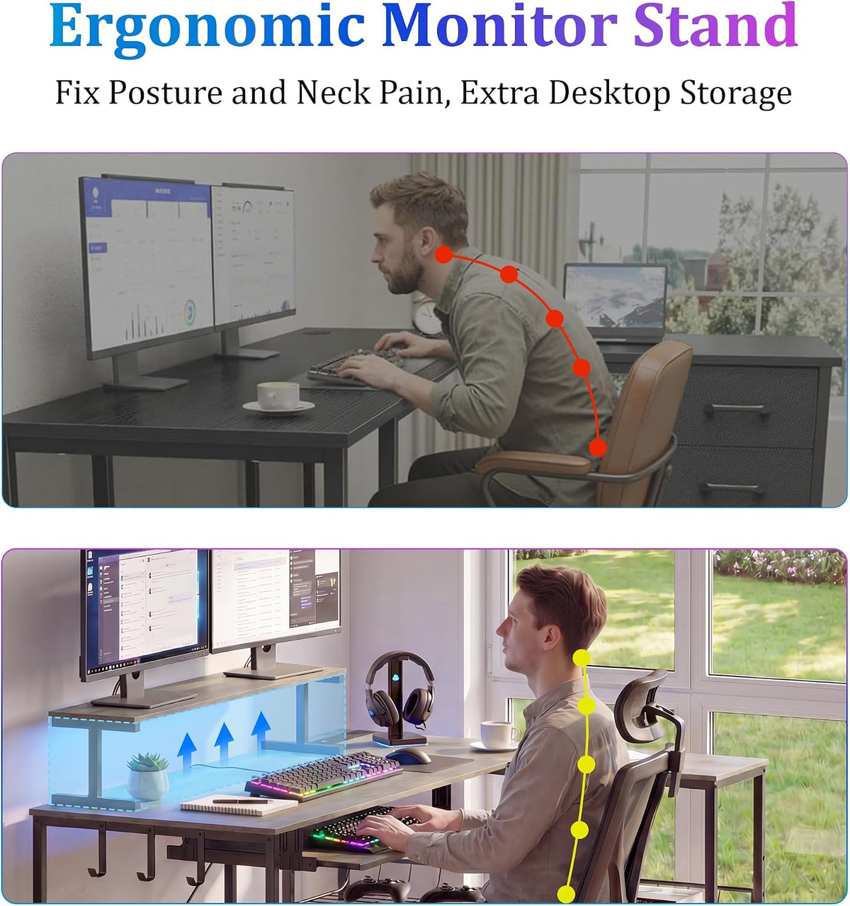 L Shaped Gaming Desk with Power Outlets & RGB LED Lights, 46" Corner Computer Table with Monitor Stand, Keyboard Tray, Storage Shelves & CPU Stand, Home Office Desk for Small Spaces, Grey