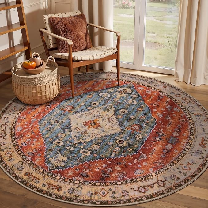 SERISSA Boho Round Area Rug, 4ft Washable Non-Slip Circle Rug, Ultra Soft