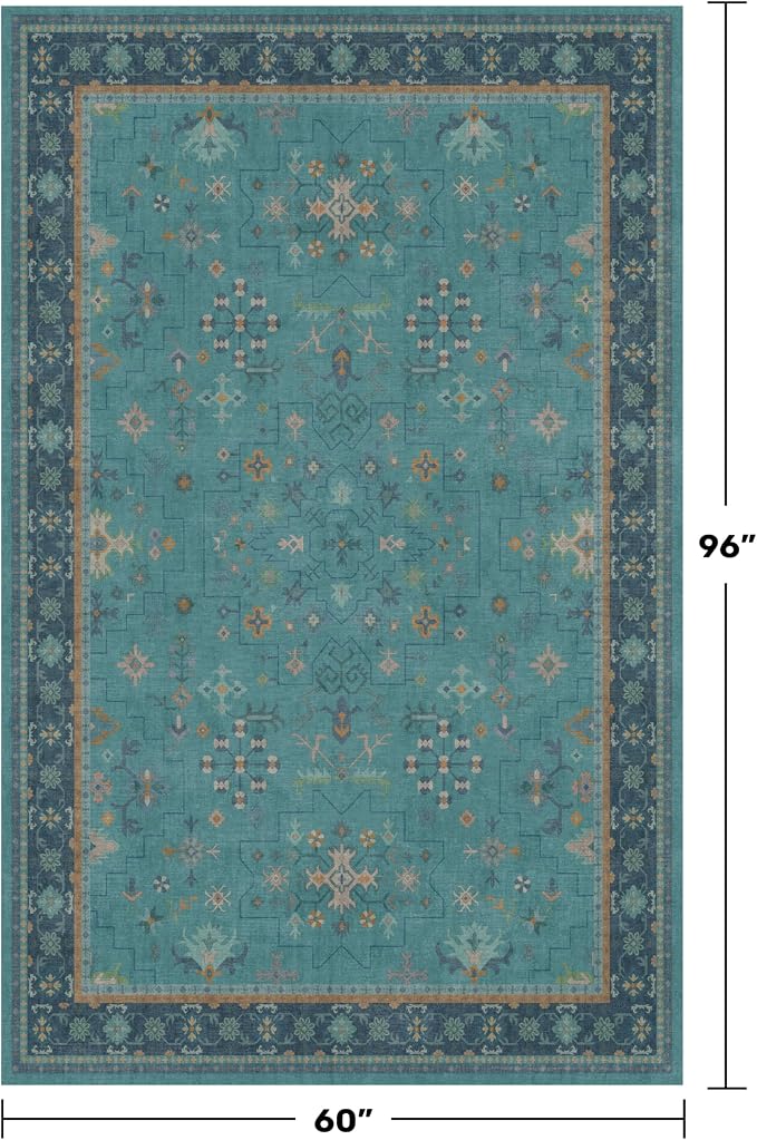 Washable 5x8 Teal Rug for Living Room, Boho Area Rugs for Bedroom Under Bed