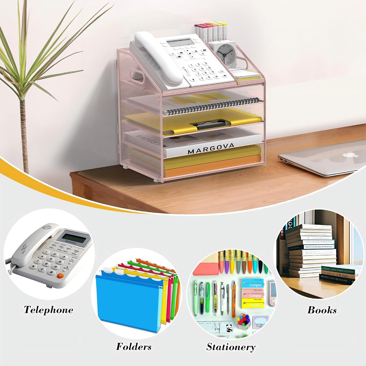 5 Tier Mesh Desk Organizer with Pen Holder and Handle Letter Tray