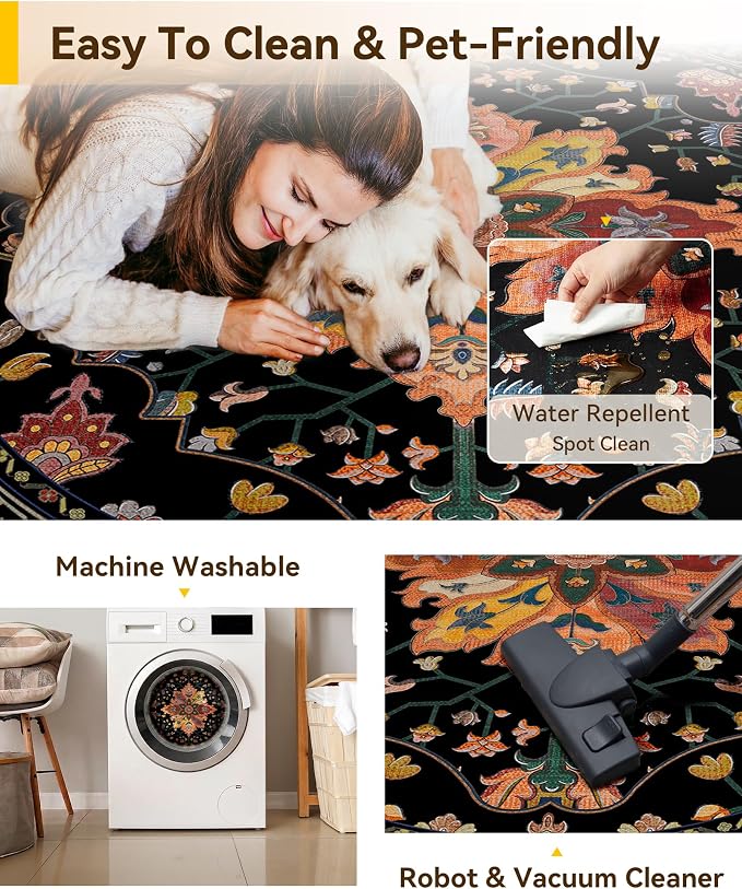 RELEANY Area Rugs Round 4ft Washable Non-Slip, Floral Vintage Distress