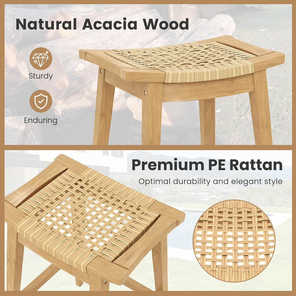 Tangkula Wood Bar Stool Set of 4, 29” Patio Rattan Acacia Barstool with Footrest & Saddle Seat, Boho Bar Height Stool for Indoors Outdoors, Bar Chair for Deck, Garden & Poolside, Natural (4)