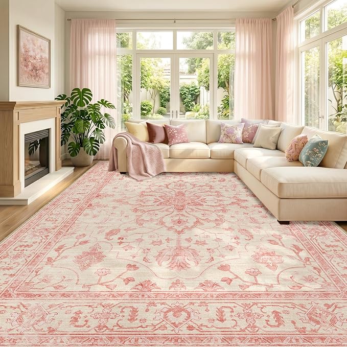 RELEANY Area Rugs 8'x10' Washable Non-Slip, Floral Vintage Distress Medallion