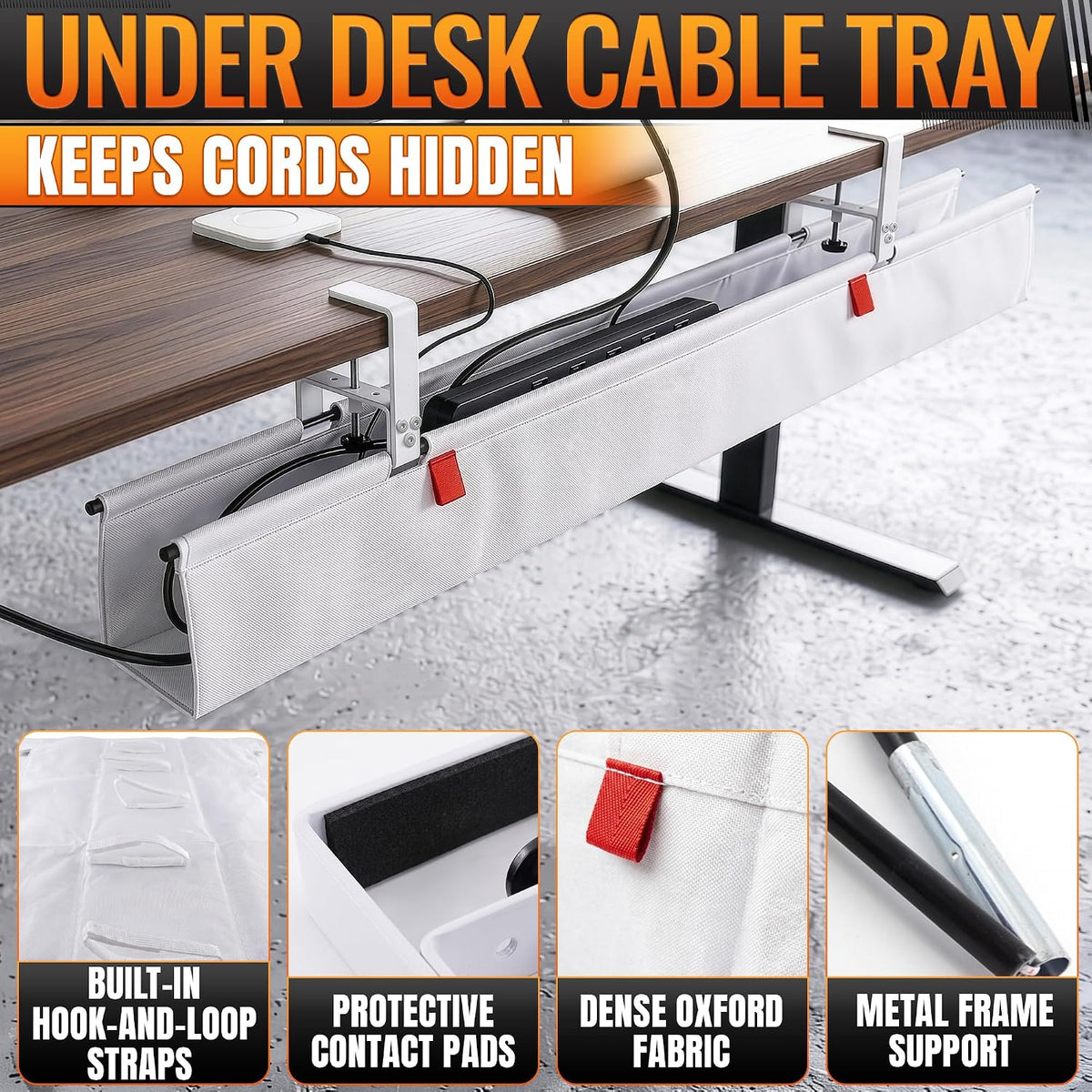 Under Desk Cable Management Tray 48" — No Drill Clamp-On Cord Organizer for Desk with Built-in Ties, Heavy Duty Metal Clamp, Foldable 600D Oxford Fabric for Home Office, WFH & Gaming PC Setup (White)