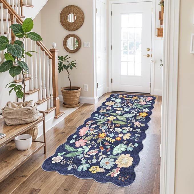 Washable 3x6 Hallway Runner Rug: Low-Pile Floral Scalloped Entryway Runners