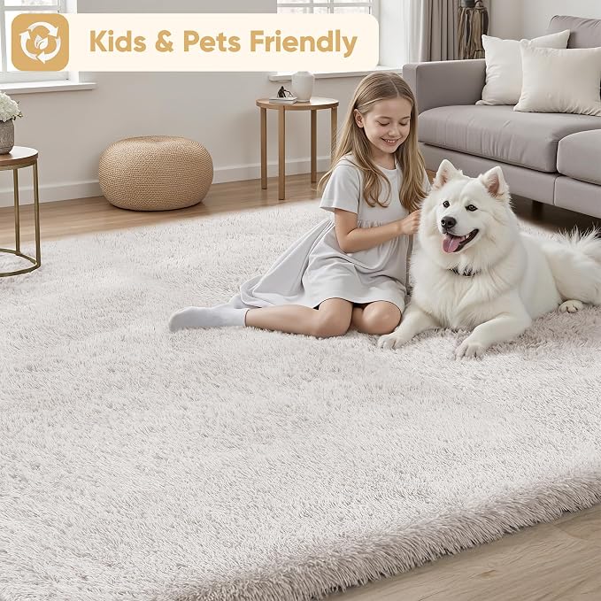 8x10 Area Rugs for Living Room Bedroom: White Soft Fluffy Shag Upgrade Non-Slip