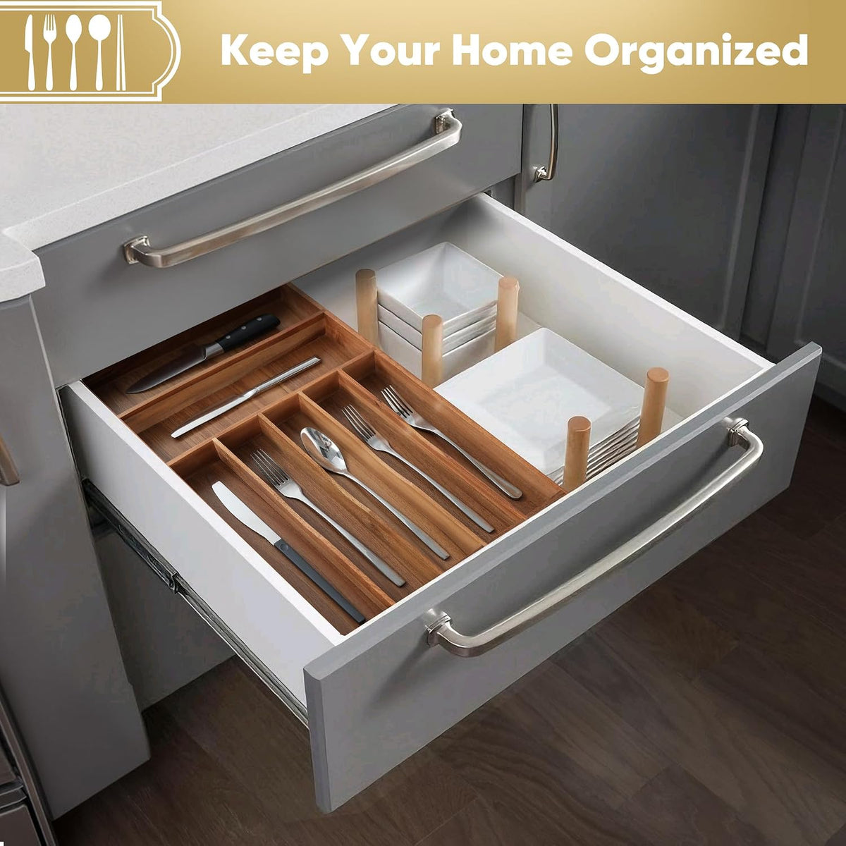 Silverware Organizer, 12.5 Inch Utensil Organizer Kitchen Drawer Organizer Acacia Silverware Holder Cutlery Tray Organizer in Drawer Flatware Organizer Tray(7 slots, Acacia）
