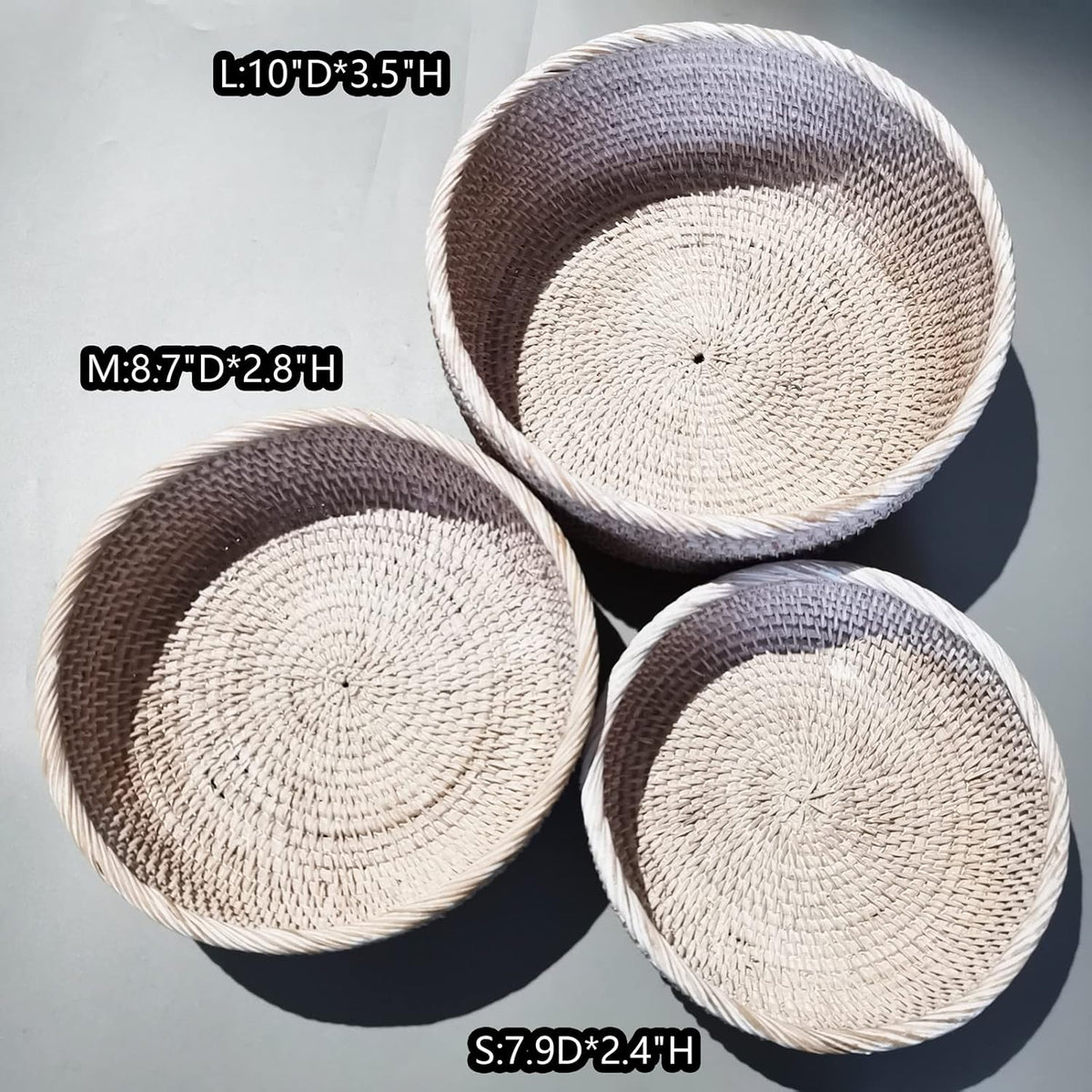 Wash White Round Rattan Bowl Basket,Decorative Handmade Wicker Basket Tray with 4 Inch High Wall, Decorative Woven White Bread Basket Fruit Bowl Key Holder Table Centerpiece