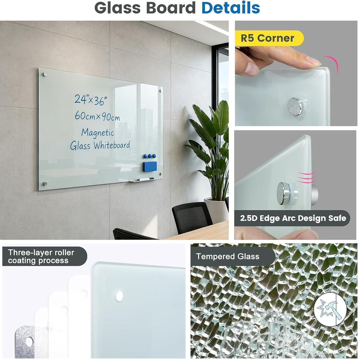 Glass Magnetic White Board, 36"x24" Dry Erase Board for Wall, Bulletin Whiteboard for School Classroom Office Homeschool