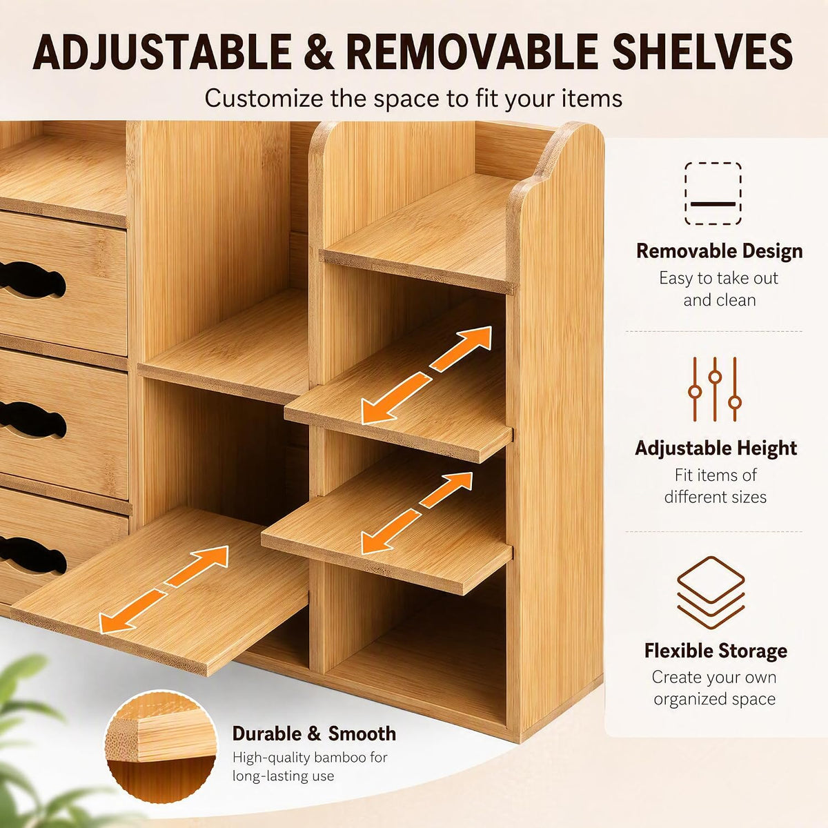 Coloch Bamboo Makeup Organizer with Drawers, Large Cosmetics Storage Shelf for Vanity Countertop Skincare Organizer for Desktop, Skincare, Beauty Supplies, Cosmetics Display, Stationery Storage