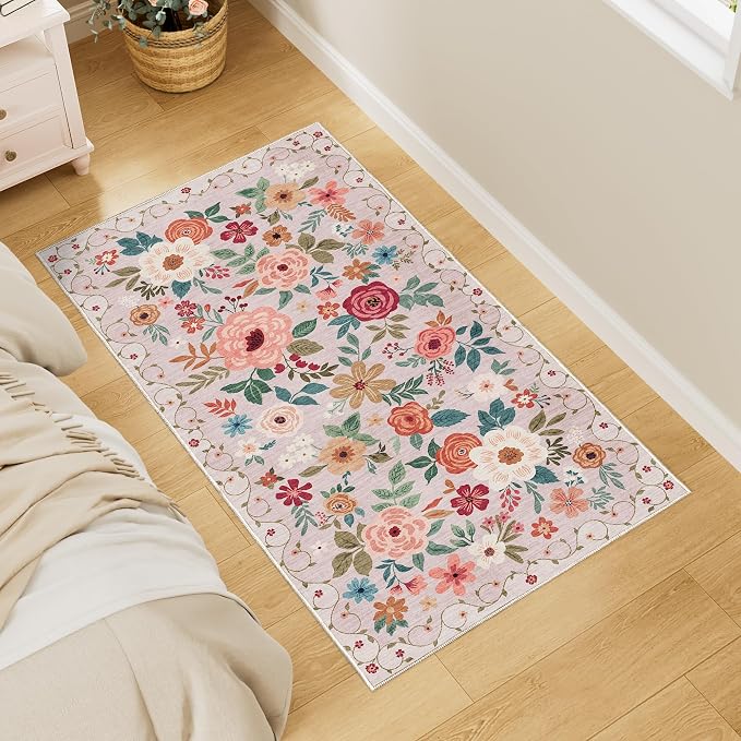 DUKINO 2x4 Rug for Entryway, Washable Kitchen Floral Runner Rug