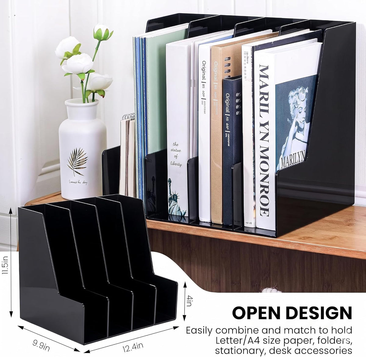 Vertical Magazine File Holder, Black File Organizer Desk Organizer and Storage Bins Holding for Magazines, Binders, Notebooks, Envelopes, Plastic Office Organization and Storage for Desk, 4 Pack