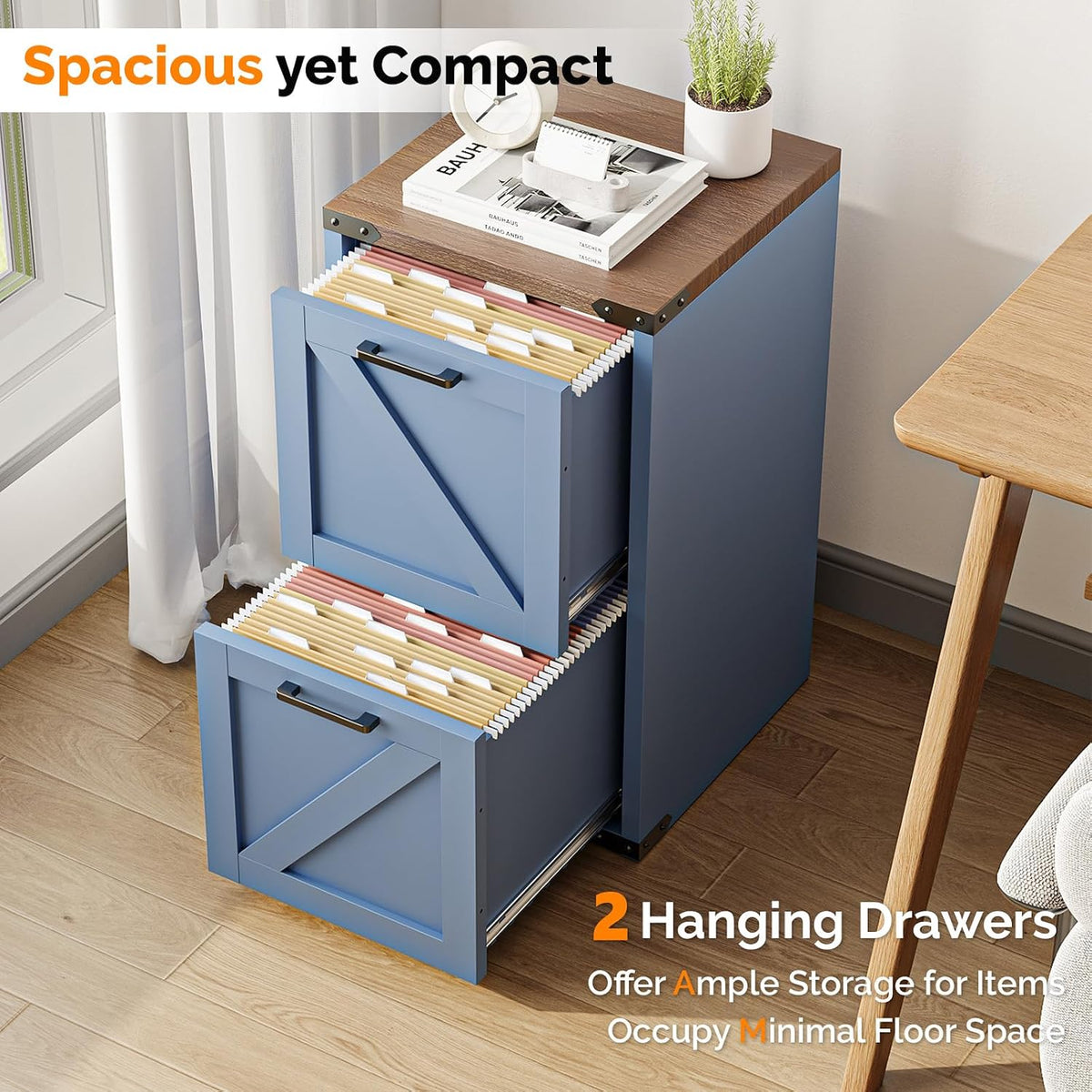 VINGLI 2 Drawer Farmhouse Metal File Cabinet, Home Office Filing Organizer for Letter File Folder Storage, Printer Stand with Drawers, Archivador, Vertical Filing Cabinet for Study, Business (Blue)