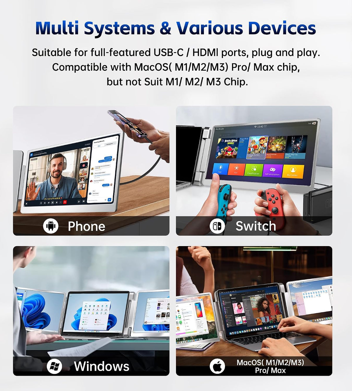 15.6'' Laptop Screen Extender, Triple Monitor, 1080P IPS