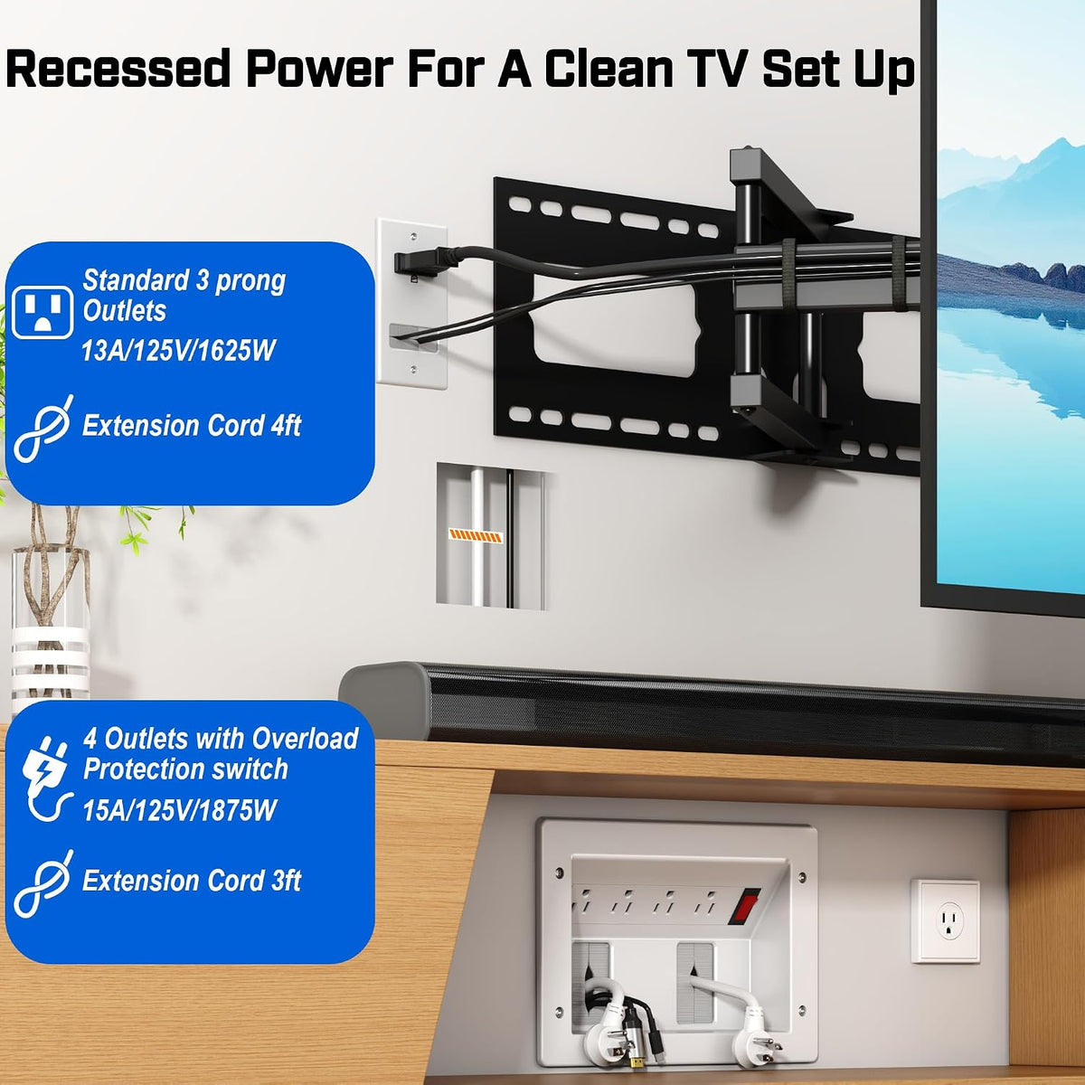 in Wall TV Cable Management Kit with Recessed Outlet – 4 Outlets, 7ft Cord(4ft+3ft), Drywall Cutting Drill Bit and Hand Saw – Easy, Overload Protection Switch, Safe TV Wire Hider for Wall