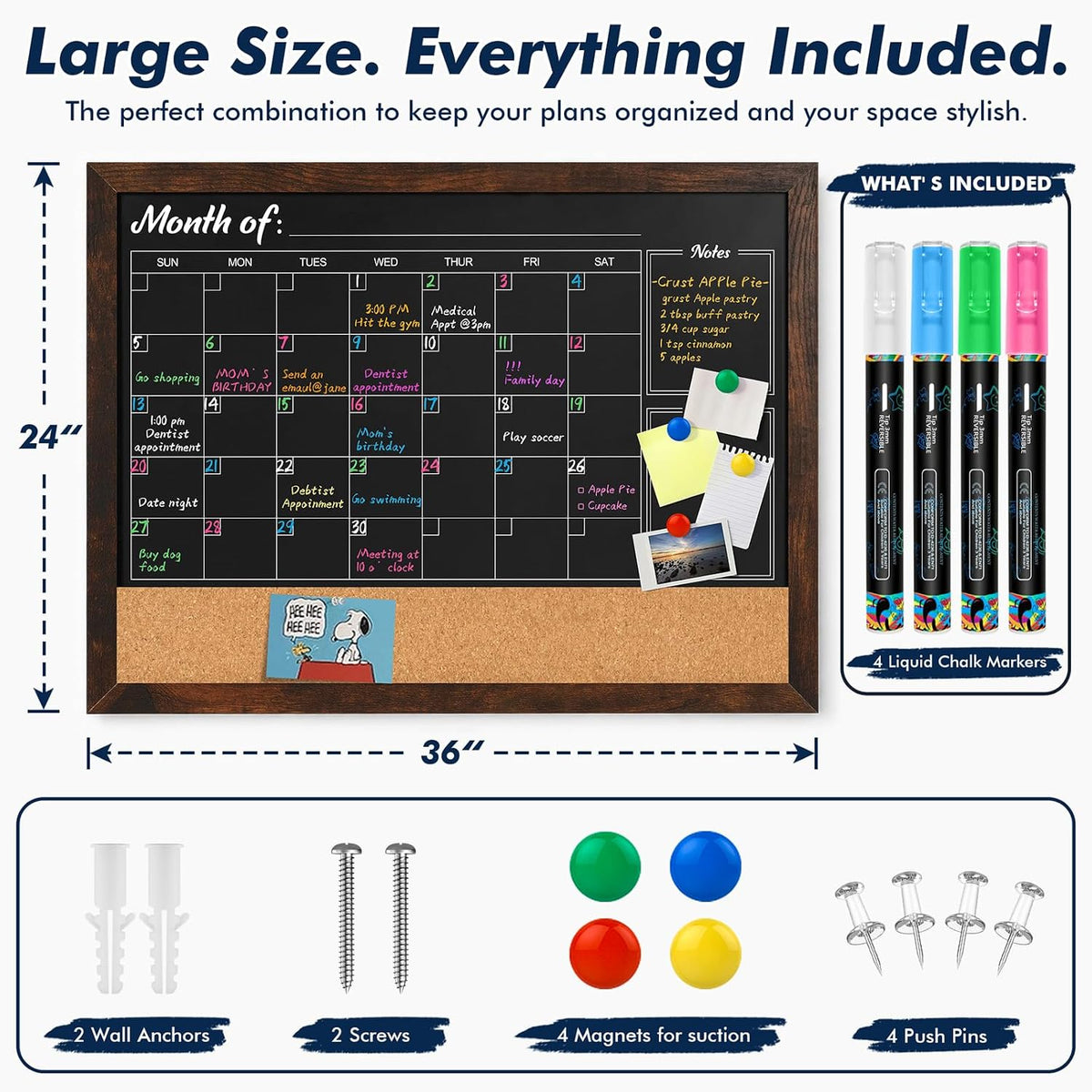 GOTIDEAL Chalkboard Calendar 36"x 24" Magnetic Chalk Calendar for Wall