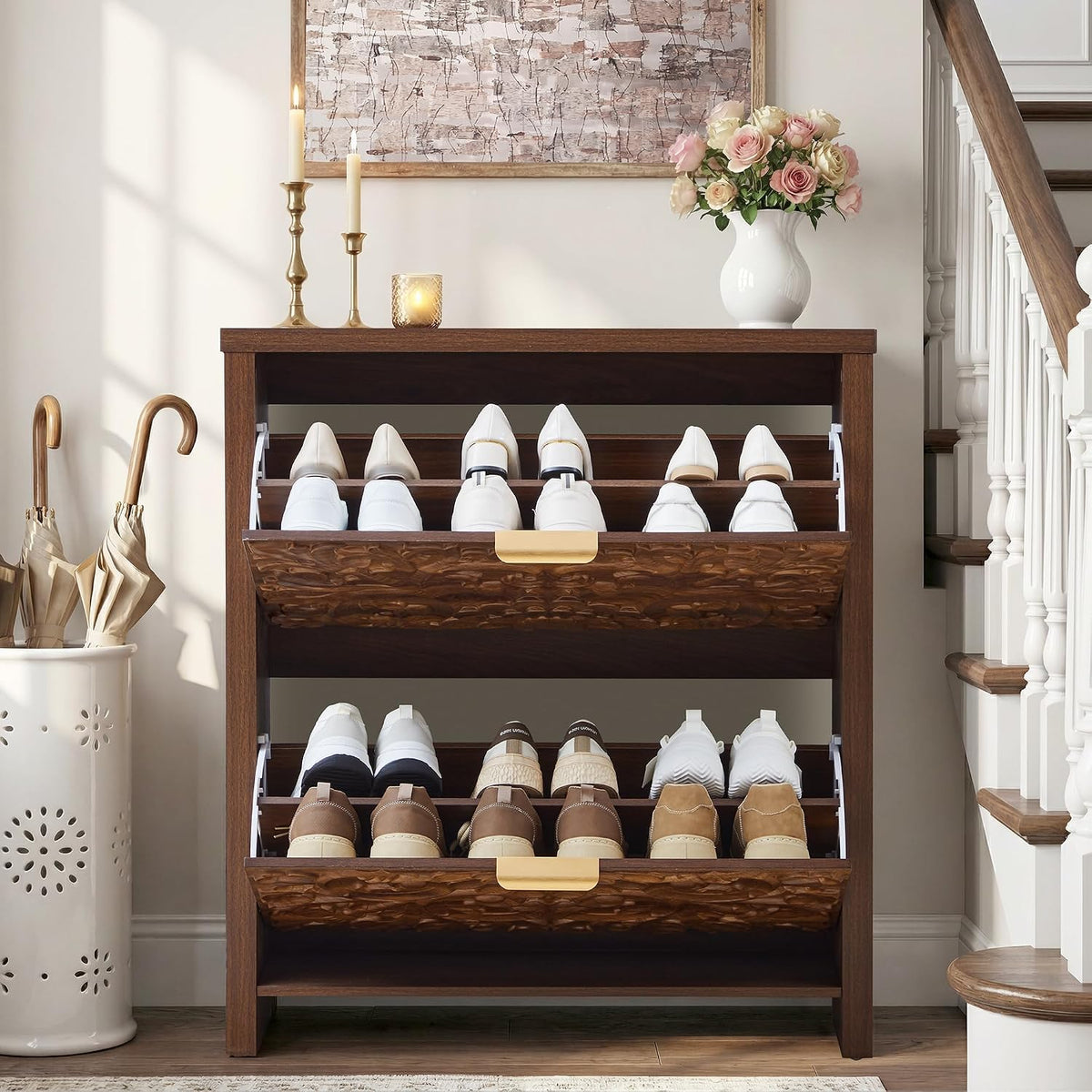 Shoe Cabinet with Flip Drawers, Narrow Shoe Storage Cabinet, 2-Tier Hidden Shoe Organizer with Floral Embossed for Entryway, Mid-Century Modern Slim Shoes Storage for Hallway Foyer (1, Walnut)