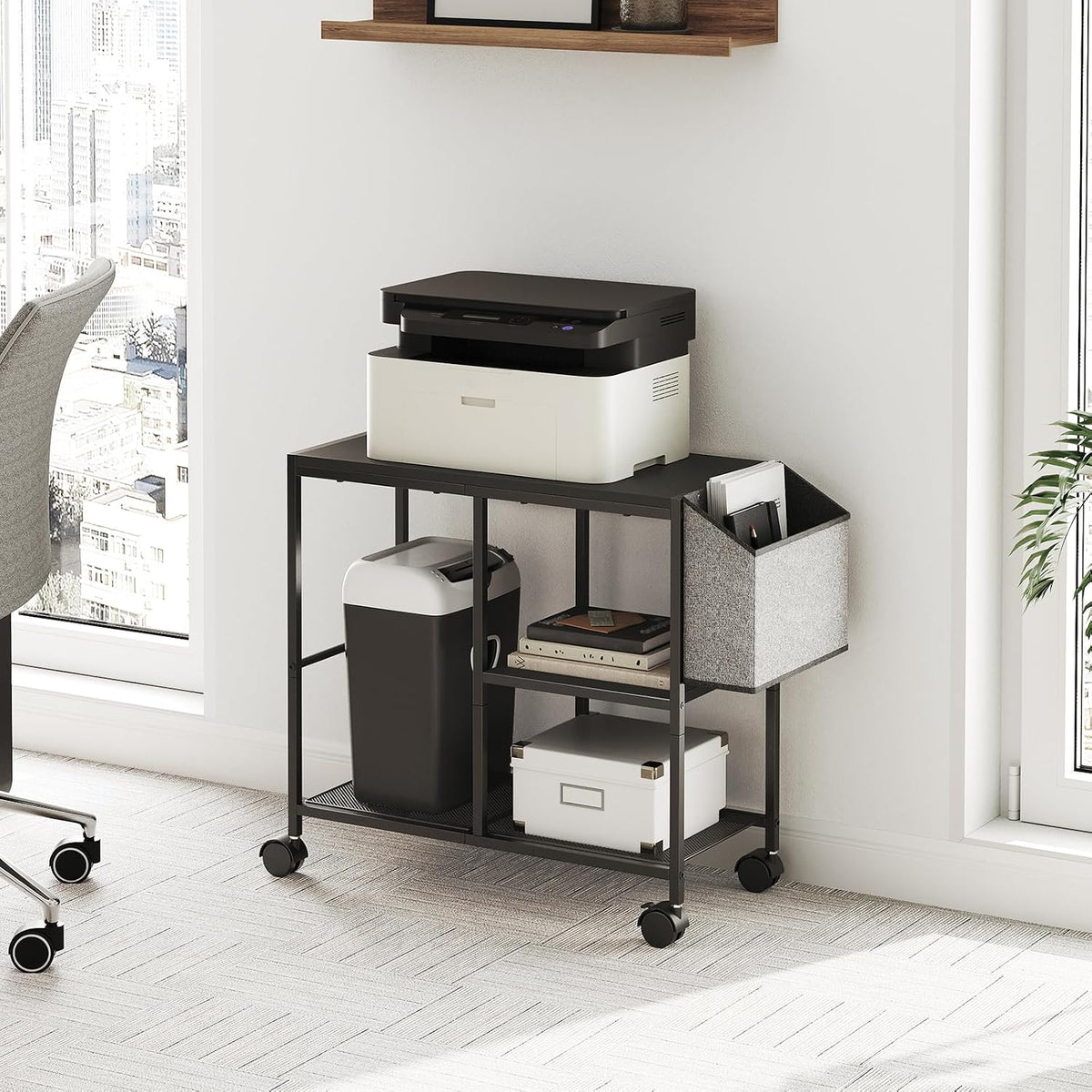 MAHANCRIS Printer Stand with Storage Bag, 3-Tier Mobile Under Desk Printer Cart with Wheels, Wooden Rolling Printer Table, Organizer Shelf for Study, Office, Living Room, Black PTHB2201