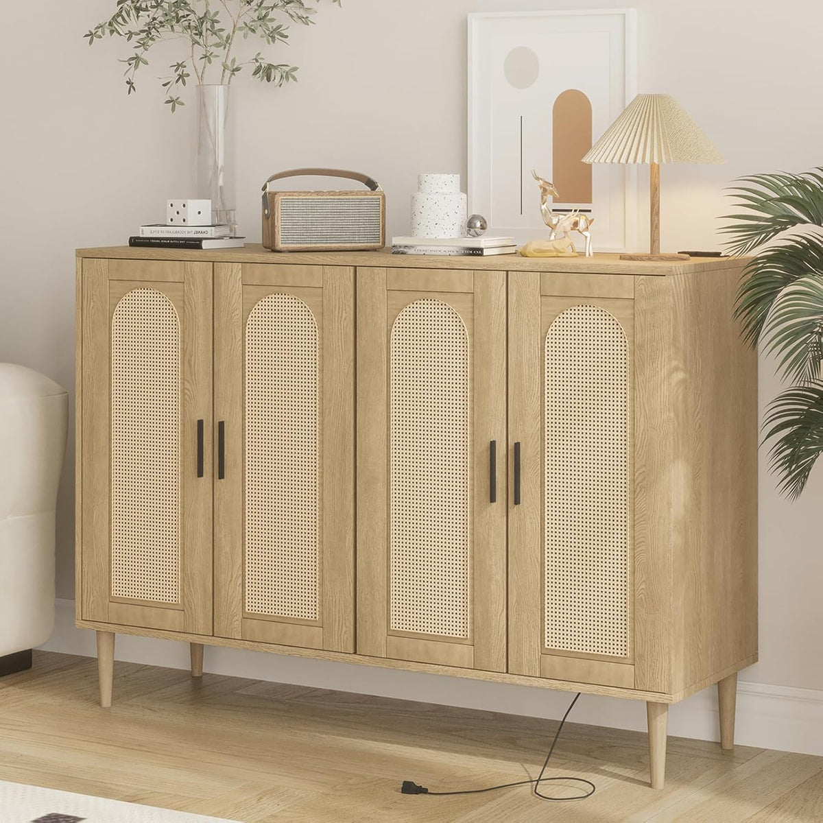 Patikuin Rattan Sideboard Buffet Cabinet, 4 Doors Accent Storage Cabinet, Console Table Coffee Bar with Power Outlet, Adjustable Shelves for Kitchen, Dining Room, Hallway, Living Room, Natural