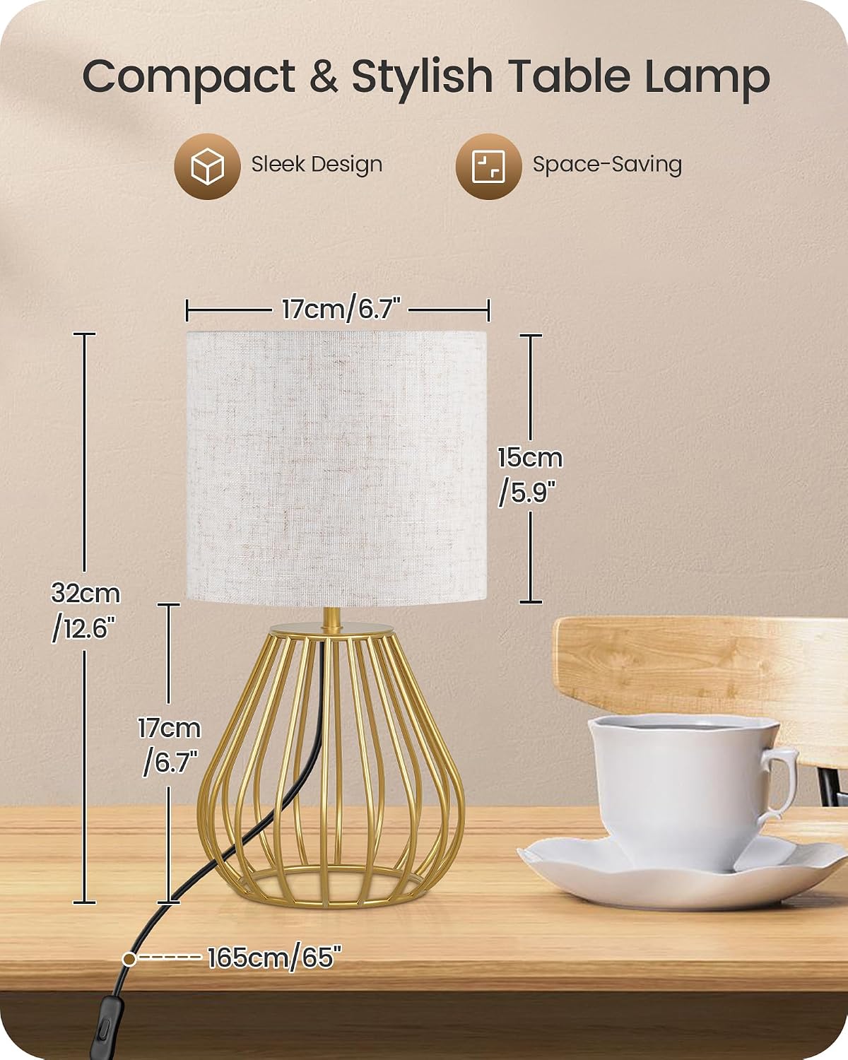 Gold Table Lamp, 12.6'' Small Table Lamp with Beige Linen Lampshade & Gold Cage Base, Modern Little Cute Desk Lamp, Bedside Lamp for Bedroom, Living Room, 2700K LED Bulb Included, DE06TL05