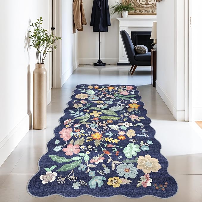 Washable 3x6 Hallway Runner Rug: Low-Pile Floral Scalloped Entryway Runners