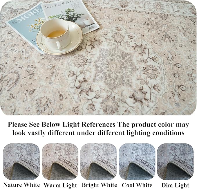 Living Room 8ft Square Area Rug: Machine Washable Large Vintage Soft Rug Stain