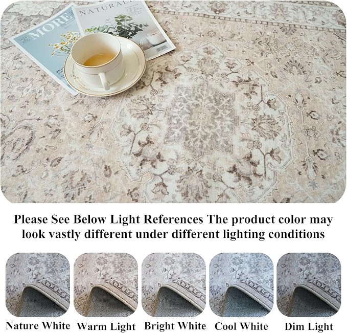 7x10 Area Rug for Living Room: Washable Neutral Vintage Large Rugs for Bedroom