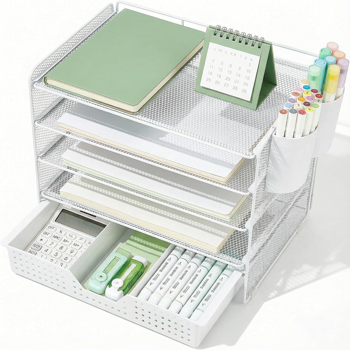 LEKETREE Desk Organizer and Accessories, 5-Tier Paper Letter Tray Organizer with Drawer & 2 Pen Holders for Desktop File Organization, Office Desk Accessories for Supplies Storage (White)