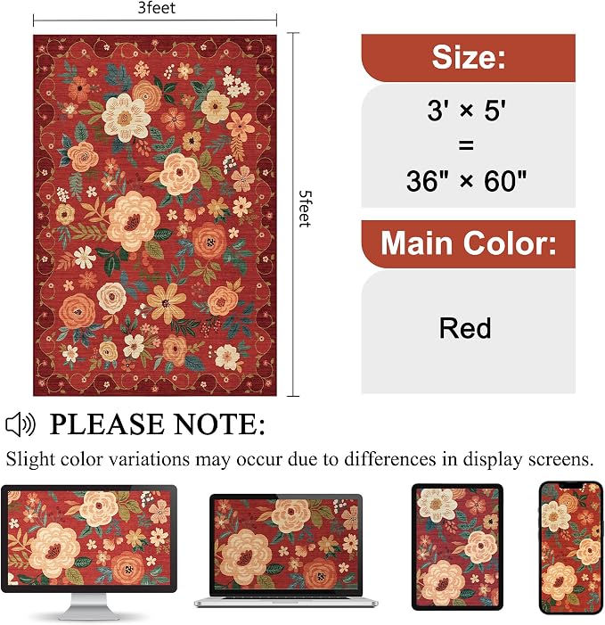 DUKINO 3x5 Area Rug, Floral Rugs