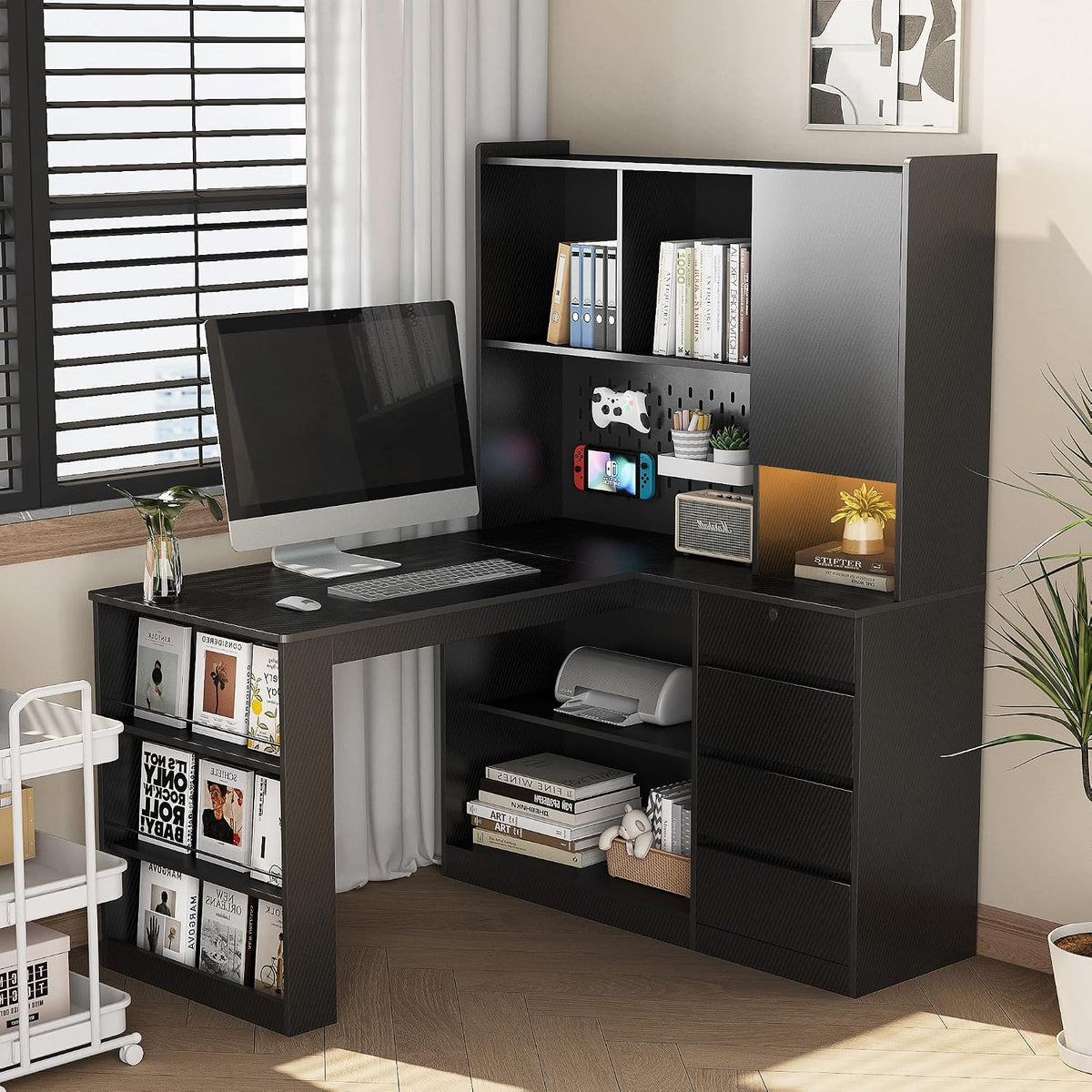 Mid-Century Office Corner Computer Desk with Bookshelf and LED, Black