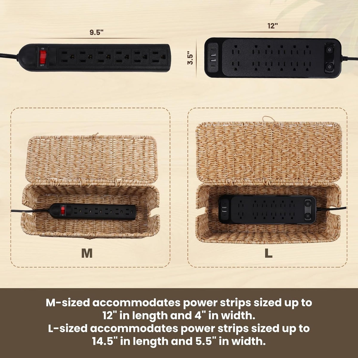 Cable Management Box, Cord Organizer with Lid & Cable Ties - Natural Set