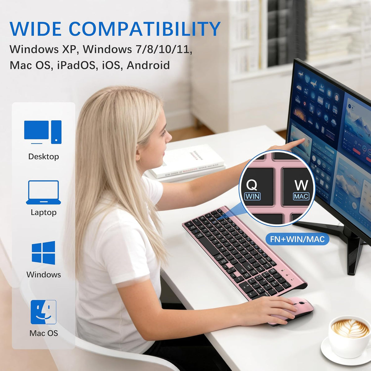 Wireless Keyboard and Mouse Ultra Slim Combo, Dual System - Rose Gold Black